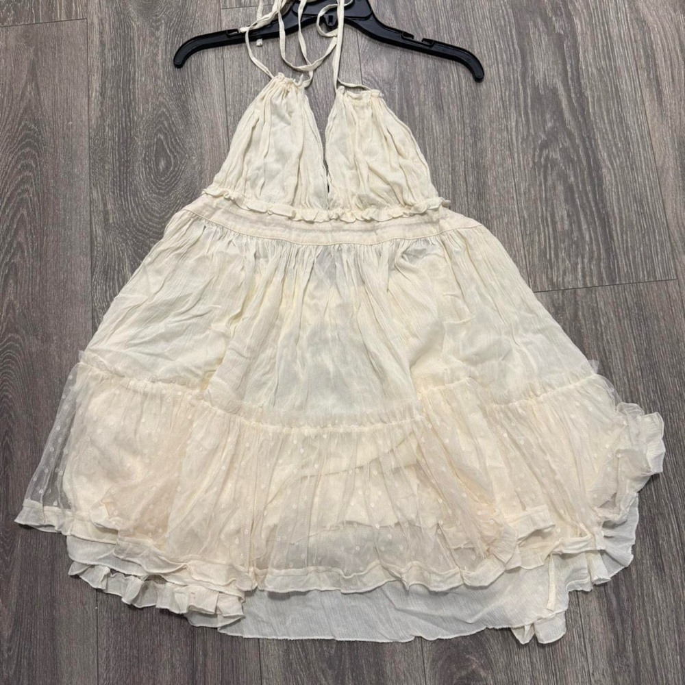 Boho Cream Halter Mini Dress Ruffle Lace Tiered Fairy Coquette Free People Style